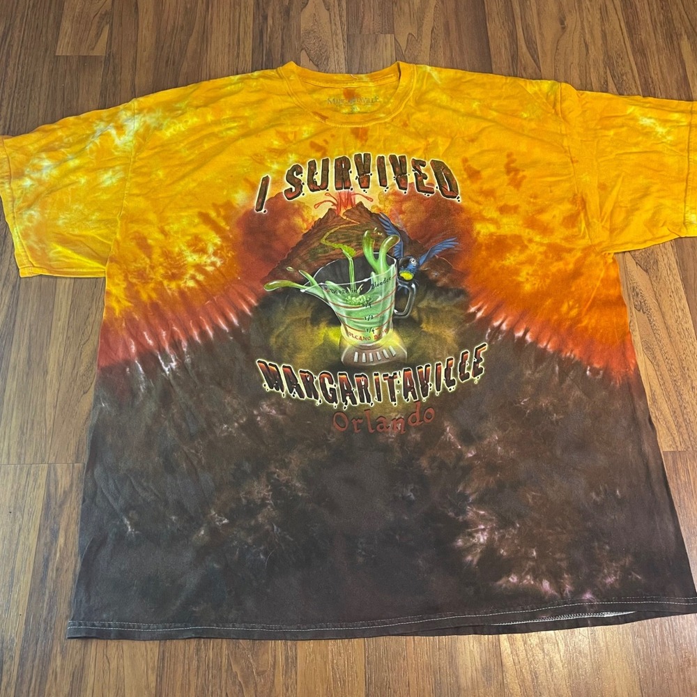 VTG Margaritaville Orlando T-Shirt Mens 2XL Tie Dye I Survived Volcano Orange
